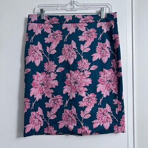 J. Crew Teal Pencil Skirt with Pink Floral Pattern